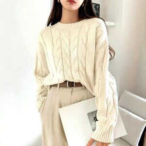 APRICOT COLOR O/S OVERSIZED RIBBED CREW NECKLINE CABLE/FISHERMAN KNIT SWEATER